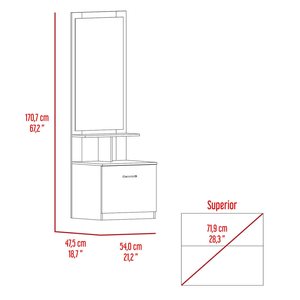 Cómoda Tulum Wengue y Blanco 54 cm con Espejo y Un Cajón - Cajoneras | Bylmo