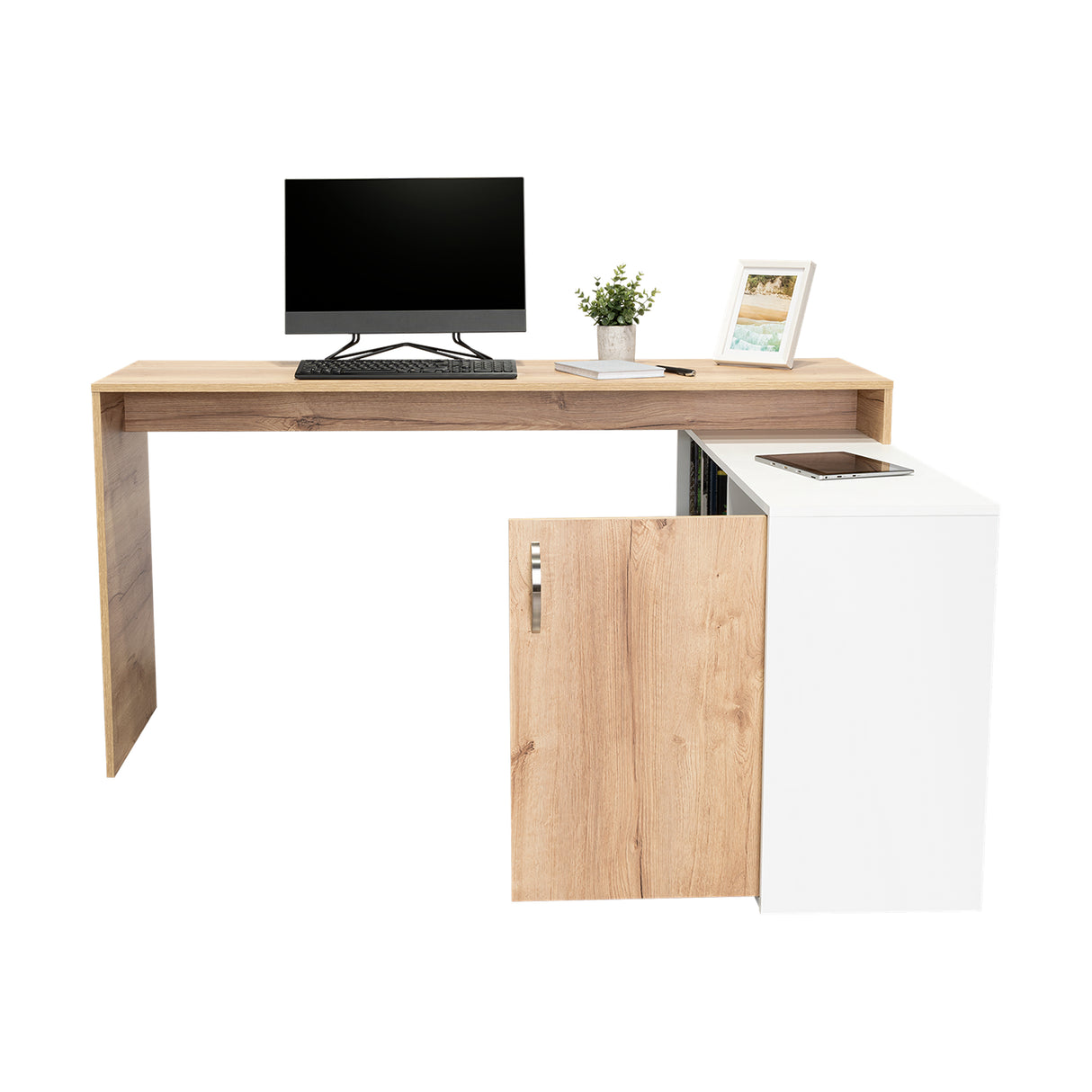 Escritorio en L Axis Duna y Blanco 151.5x76.5cm sin Cajones y con Organizador de Libros - Escritorios y Archivadores | Bylmo