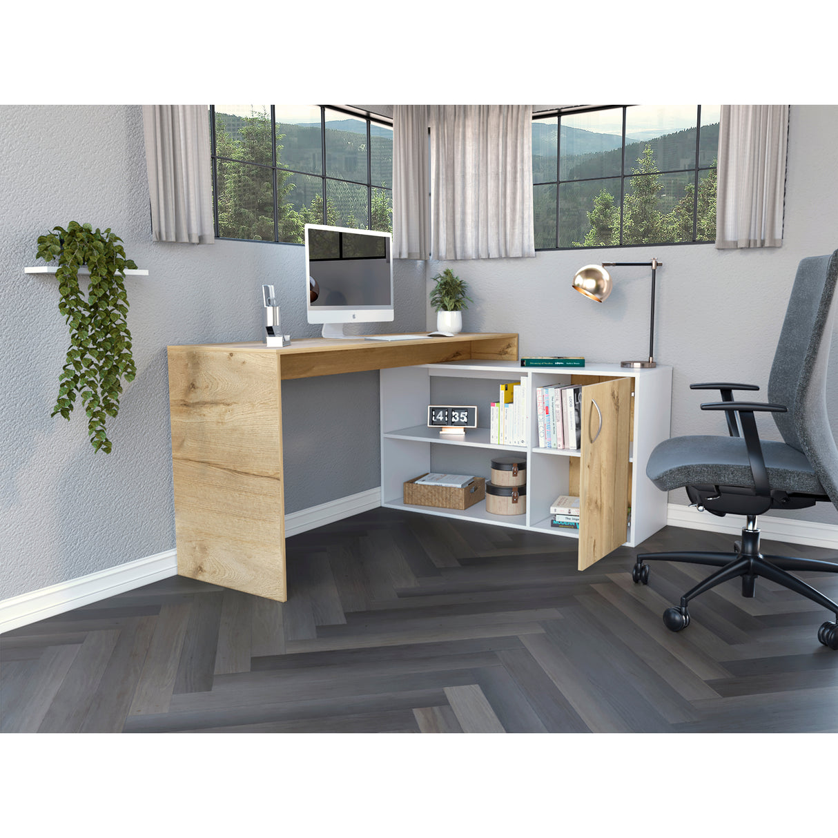 Escritorio en L Axis Duna y Blanco 151.5x76.5cm sin Cajones y con Organizador de Libros - Escritorios y Archivadores | Bylmo