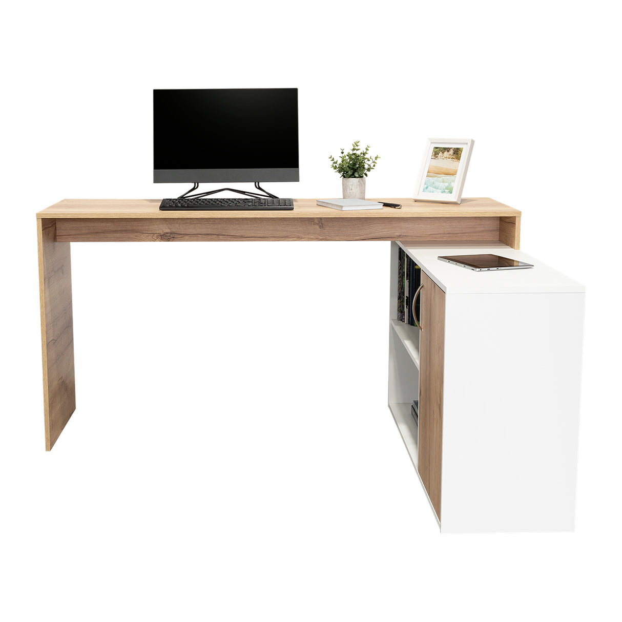 Escritorio en L Axis Duna y Blanco 151.5x76.5cm sin Cajones y con Organizador de Libros - Escritorios y Archivadores | Bylmo