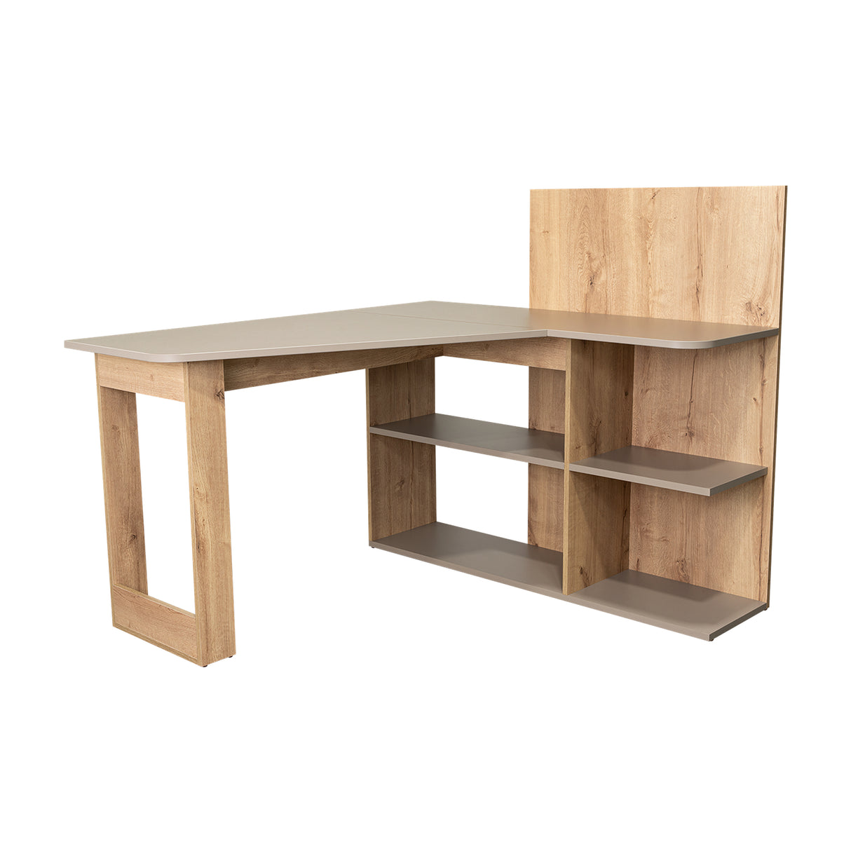 Escritorio en L Masai Taupe y Duna 131.5x110.6cm sin Cajones y con Organizador de Libros - Escritorios y Archivadores | Bylmo