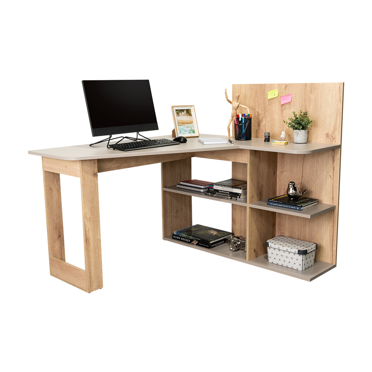 Escritorio en L Masai Taupe y Duna 131.5x110.6cm sin Cajones y con Organizador de Libros - Escritorios y Archivadores | Bylmo