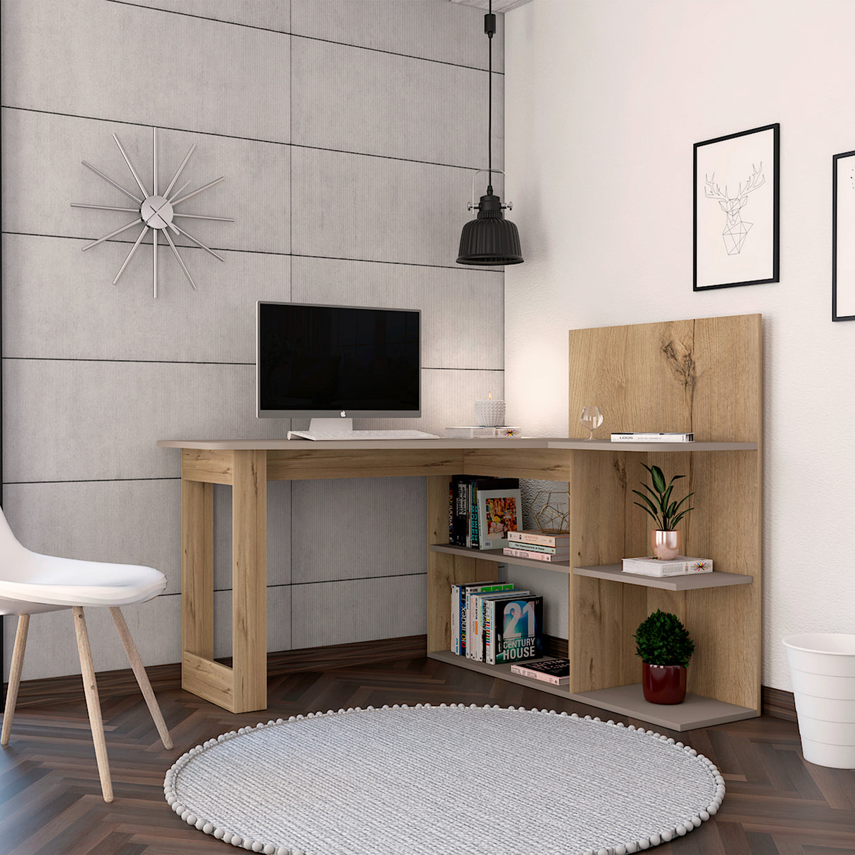 Escritorio en L Masai Taupe y Duna 131.5x110.6cm sin Cajones y con Organizador de Libros - Escritorios y Archivadores | Bylmo