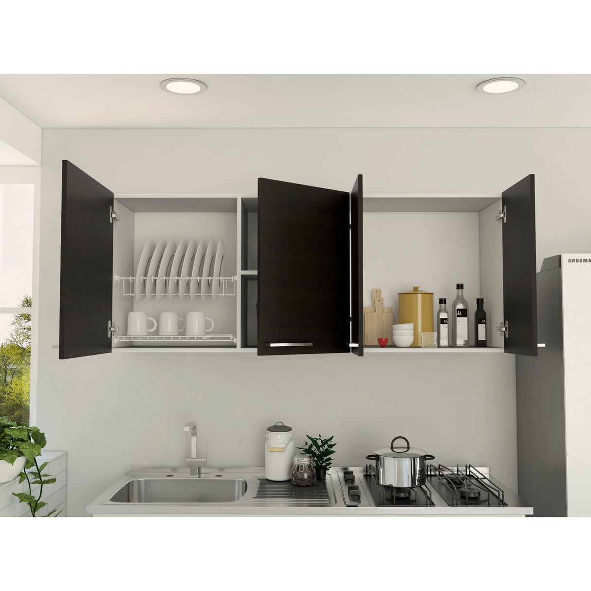 Mueble Superior de Cocina Blanco y Wengue 150x60cm con Un Entrepaño y con Cuatro Puertas - Cocinas | Bylmo