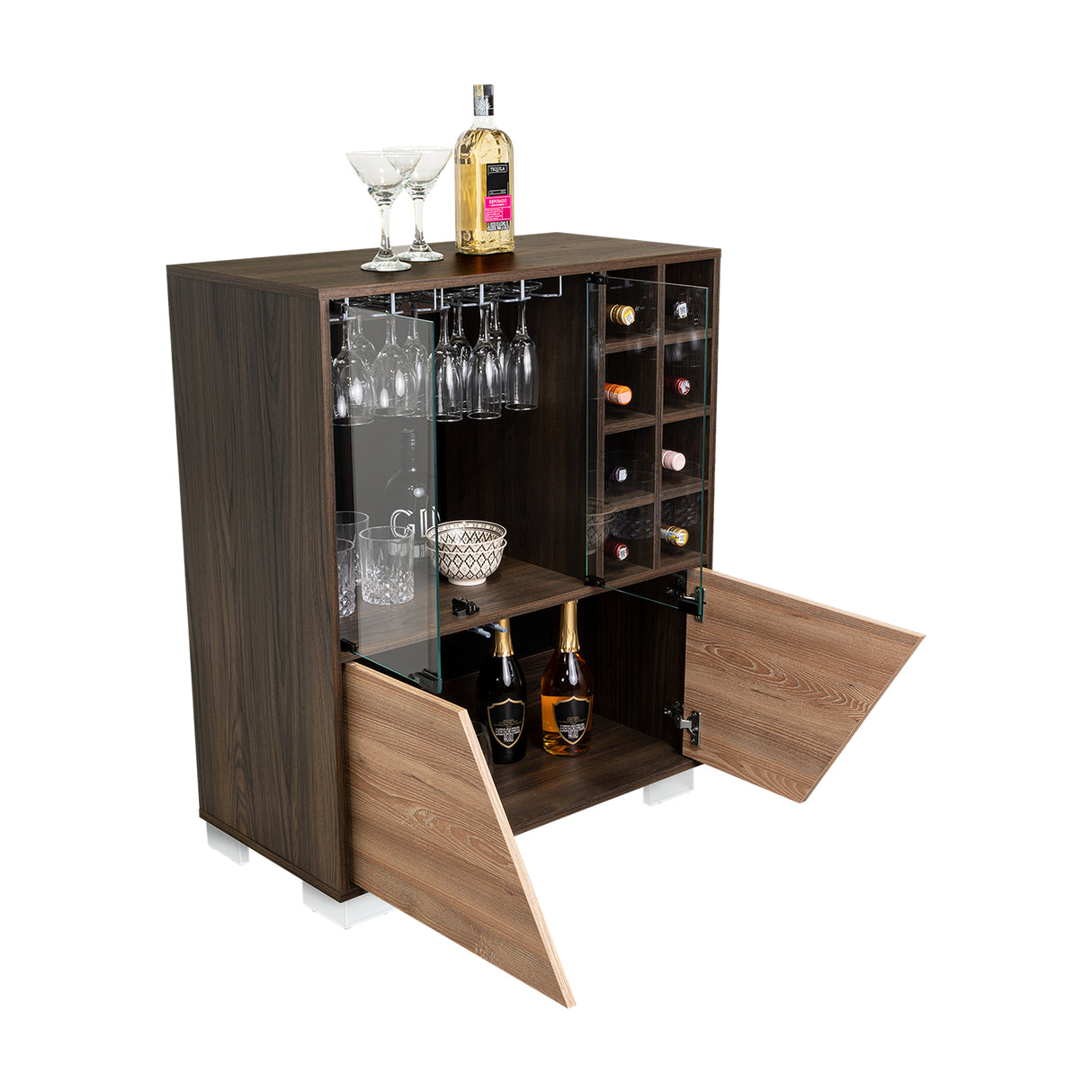 Bar Fraktal Habano y Miel 94.9x78.8cm con Dos Compartimientos con Seis Portacopas y con Ocho Portabotellas - Bares | Bylmo