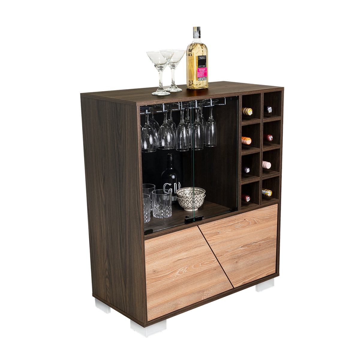 Bar Fraktal Habano y Miel 94.9x78.8cm con Dos Compartimientos con Seis Portacopas y con Ocho Portabotellas - Bares | Bylmo