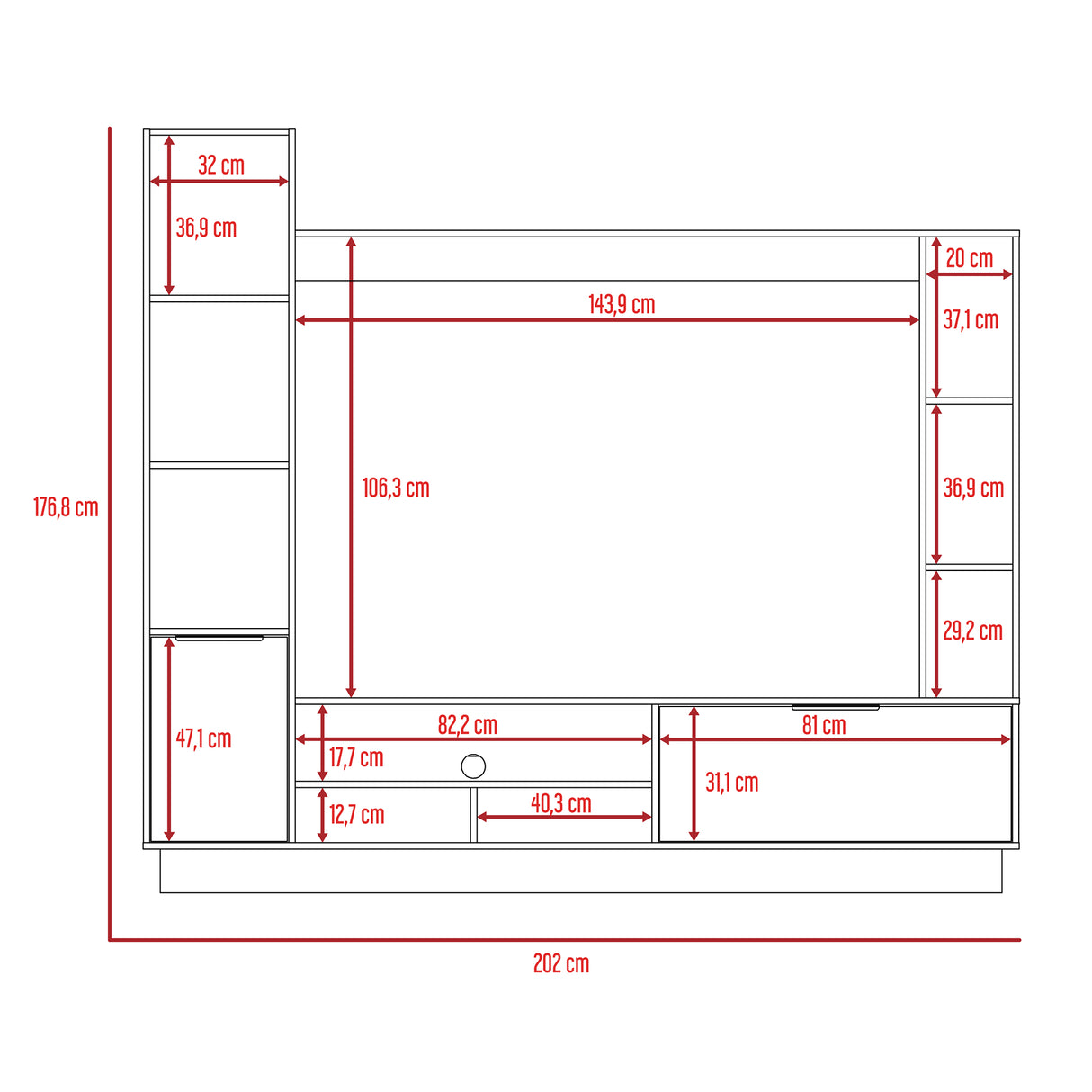 Centro de Entretenimiento Marsella Niebla 202x176.8cm para TV Hasta 60 Pulgadas con Ranuras para Cables y con Once Compartimientos - Muebles para TV | Bylmo