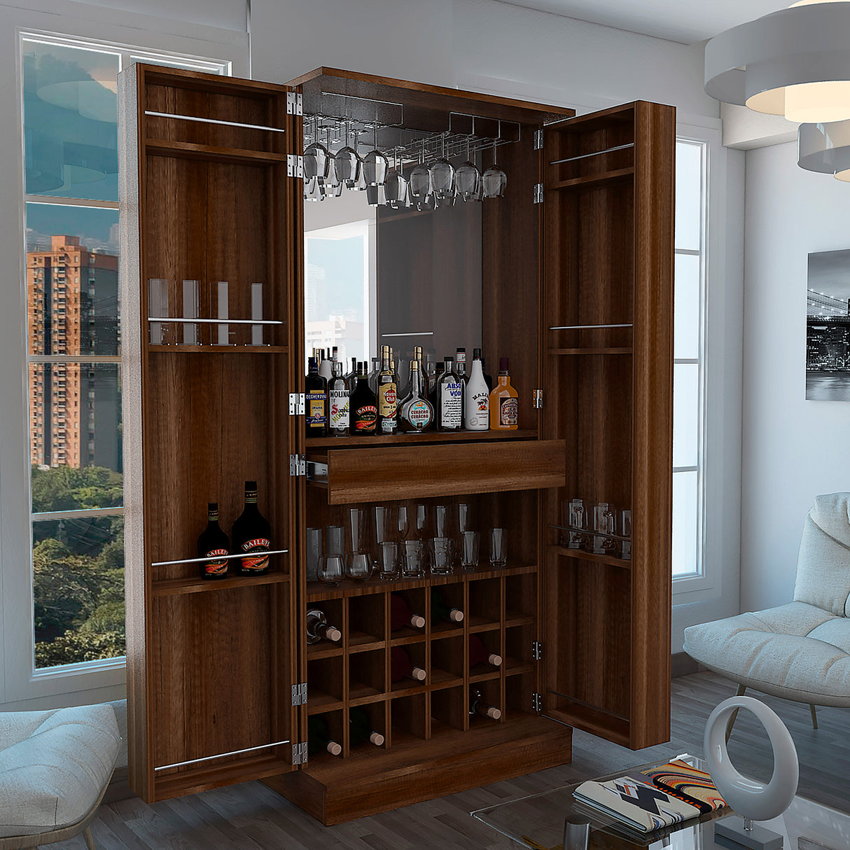 Bar Malbec Caramelo 75x175cm con Un Cajón y con Dieciocho Portabotellas - Bares | Bylmo