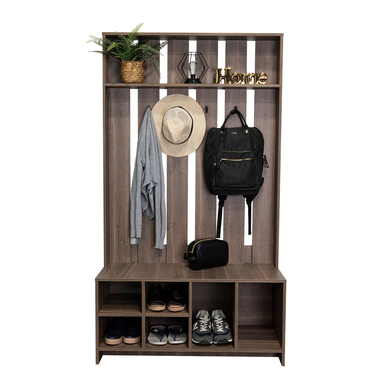 Mueble Recibidor Beijing Coñac 96.8x172.6cm con Seis Compartimientos y Cuatro Perchos - Repisas y Percheros | Bylmo