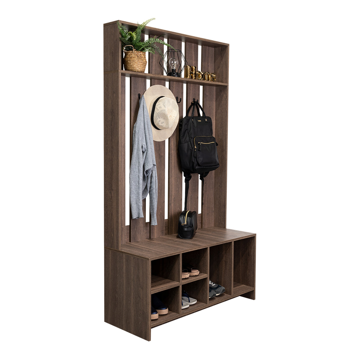 Mueble Recibidor Beijing Coñac 96.8x172.6cm con Seis Compartimientos y Cuatro Perchos - Repisas y Percheros | Bylmo
