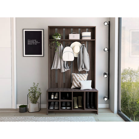 Mueble Recibidor Beijing Coñac 96.8x172.6cm con Seis Compartimientos y Cuatro Perchos - Repisas y Percheros | Bylmo