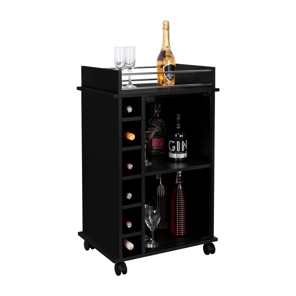 Bar Dukat Wengue 55x89cm con Dos Compartimientos con Seis Portabotellas y con Ruedas - BARES | Bylmo