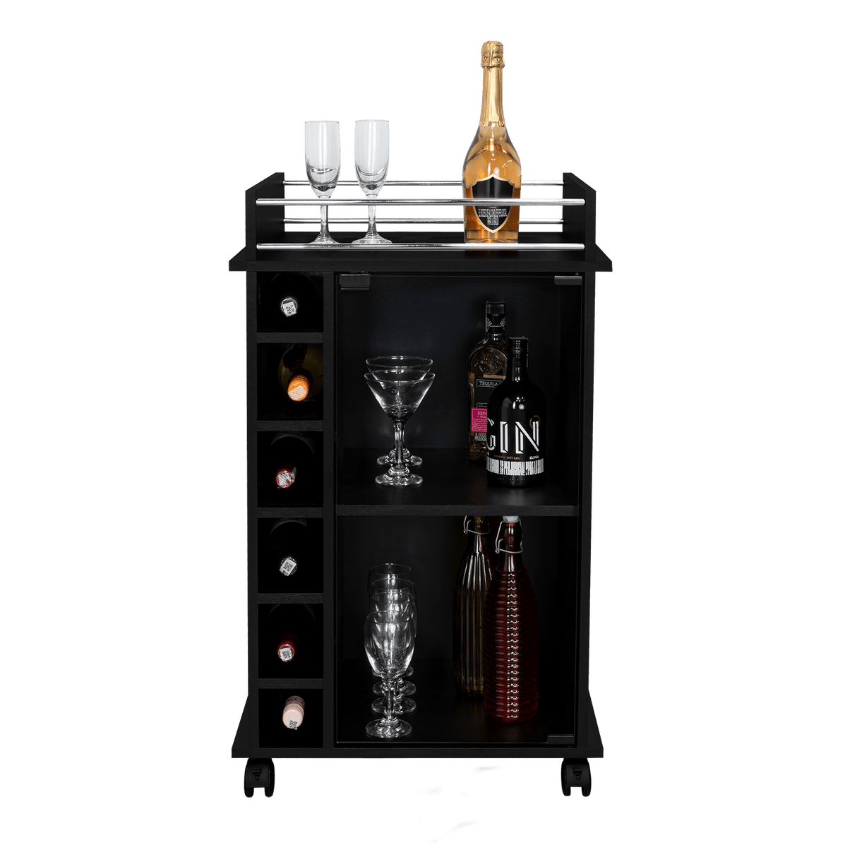 Bar Dukat Wengue 55x89cm con Dos Compartimientos con Seis Portabotellas y con Ruedas - BARES | Bylmo