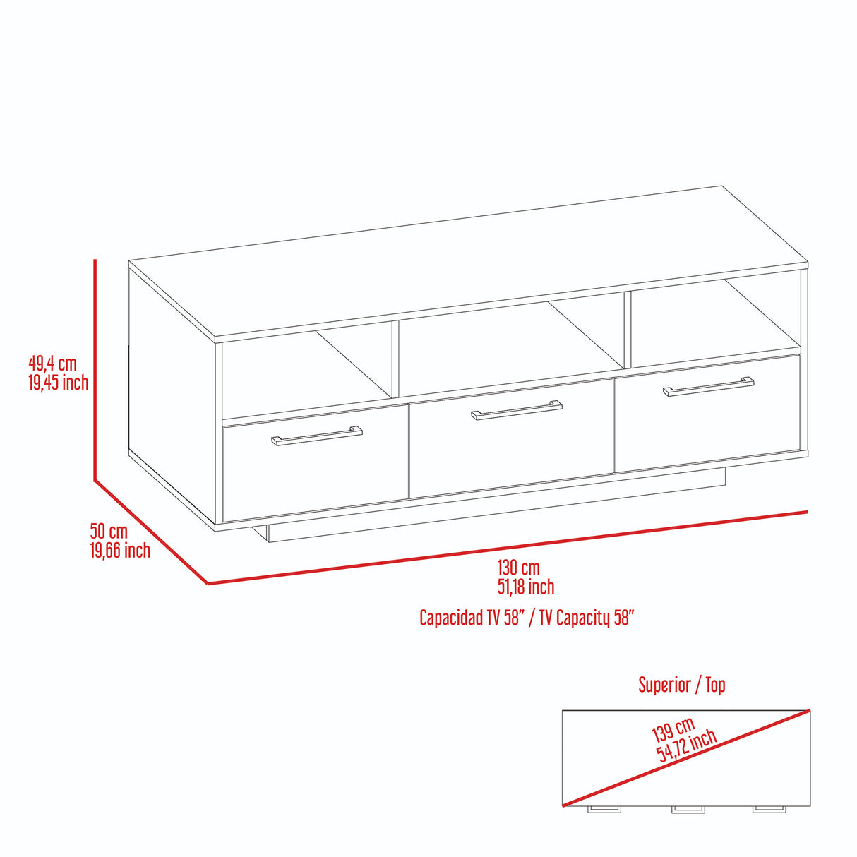Rack de TV Wema Wengue 130x49cm Para TV Hasta 58 Pulgadas con Tres Cajones - Muebles de TV | Bylmo