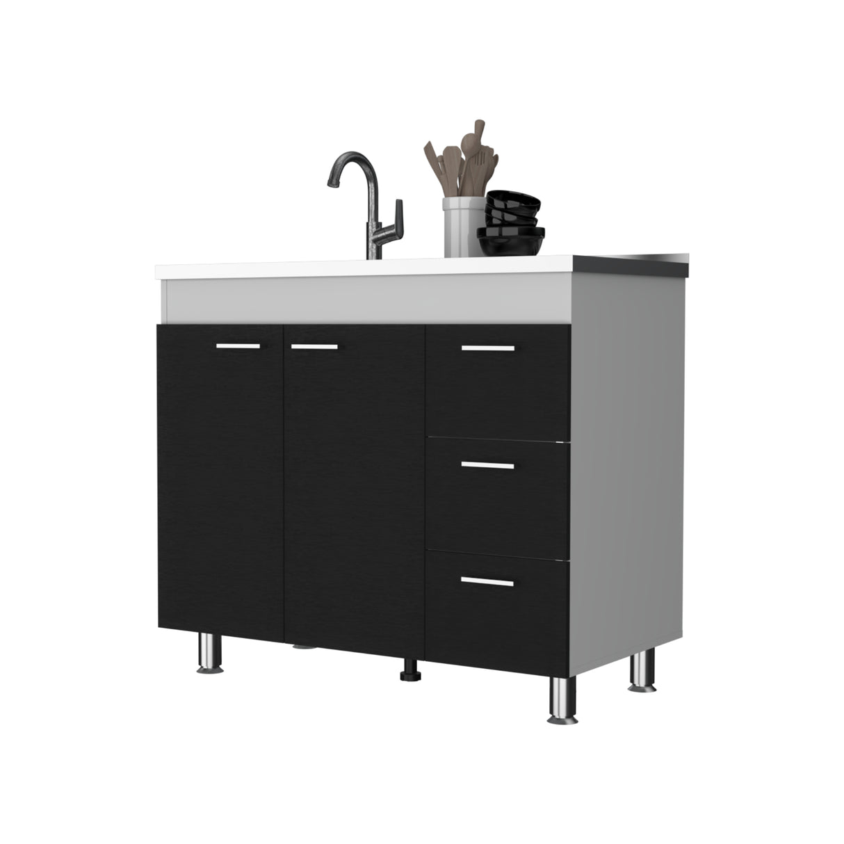 Mueble Inferior de Cocina Ferreti Wengue y Blanco 100x90cm con Mezón Izquierdo de Acero Inoxidable y sin Estufa - MUEBLES INFERIORES DE COCINA | Bylmo