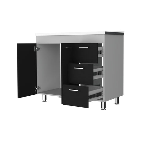 Mueble Inferior de Cocina Ferreti Wengue y Blanco 100x90cm con Mezón Izquierdo de Acero Inoxidable y sin Estufa - MUEBLES INFERIORES DE COCINA | Bylmo