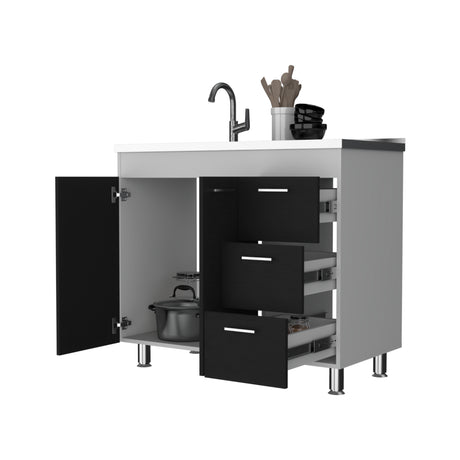 Mueble Inferior de Cocina Ferreti Wengue y Blanco 100x90cm con Mezón Izquierdo de Acero Inoxidable y sin Estufa - MUEBLES INFERIORES DE COCINA | Bylmo