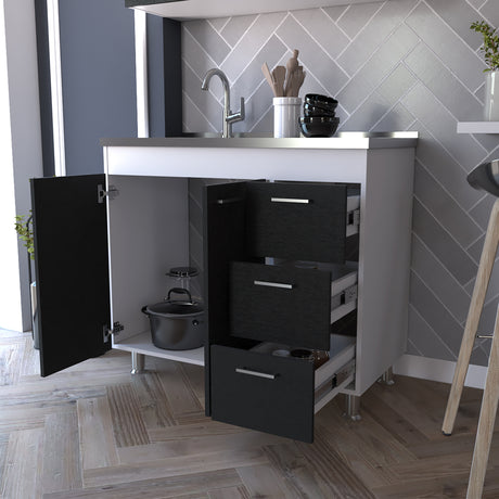 Mueble Inferior de Cocina Ferreti Wengue y Blanco 100x90cm con Mezón Izquierdo de Acero Inoxidable y sin Estufa - MUEBLES INFERIORES DE COCINA | Bylmo
