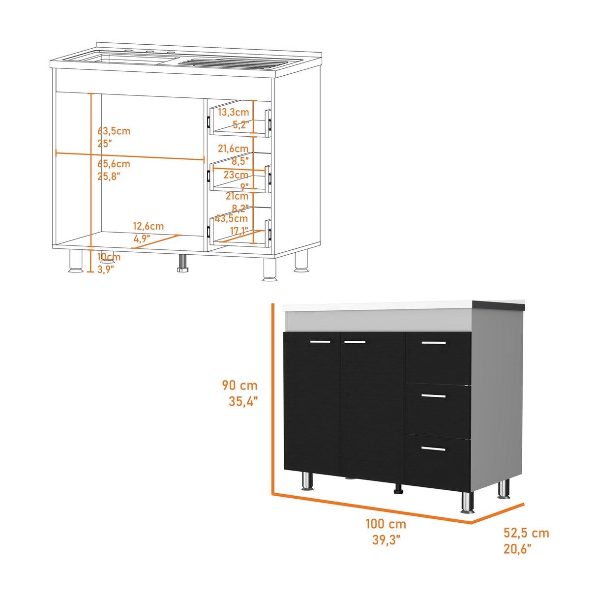 Mueble Inferior de Cocina Ferreti Wengue y Blanco 100x90cm con Mezón Izquierdo de Acero Inoxidable y sin Estufa - MUEBLES INFERIORES DE COCINA | Bylmo