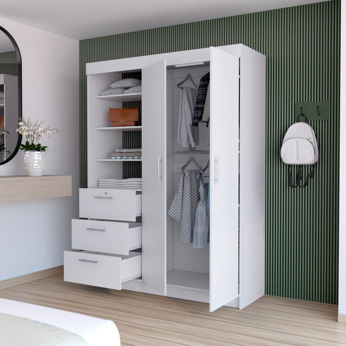 Armario para Ropa Kenya Blanco 150x200.75cm con Dos Puertas y con Tres Cajones - CLOSETS | Bylmo