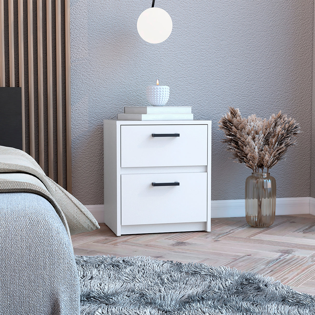 Mesa de Noche Blanco 40x46.5cm con Dos Cajones - MESAS DE NOCHE | Bylmo