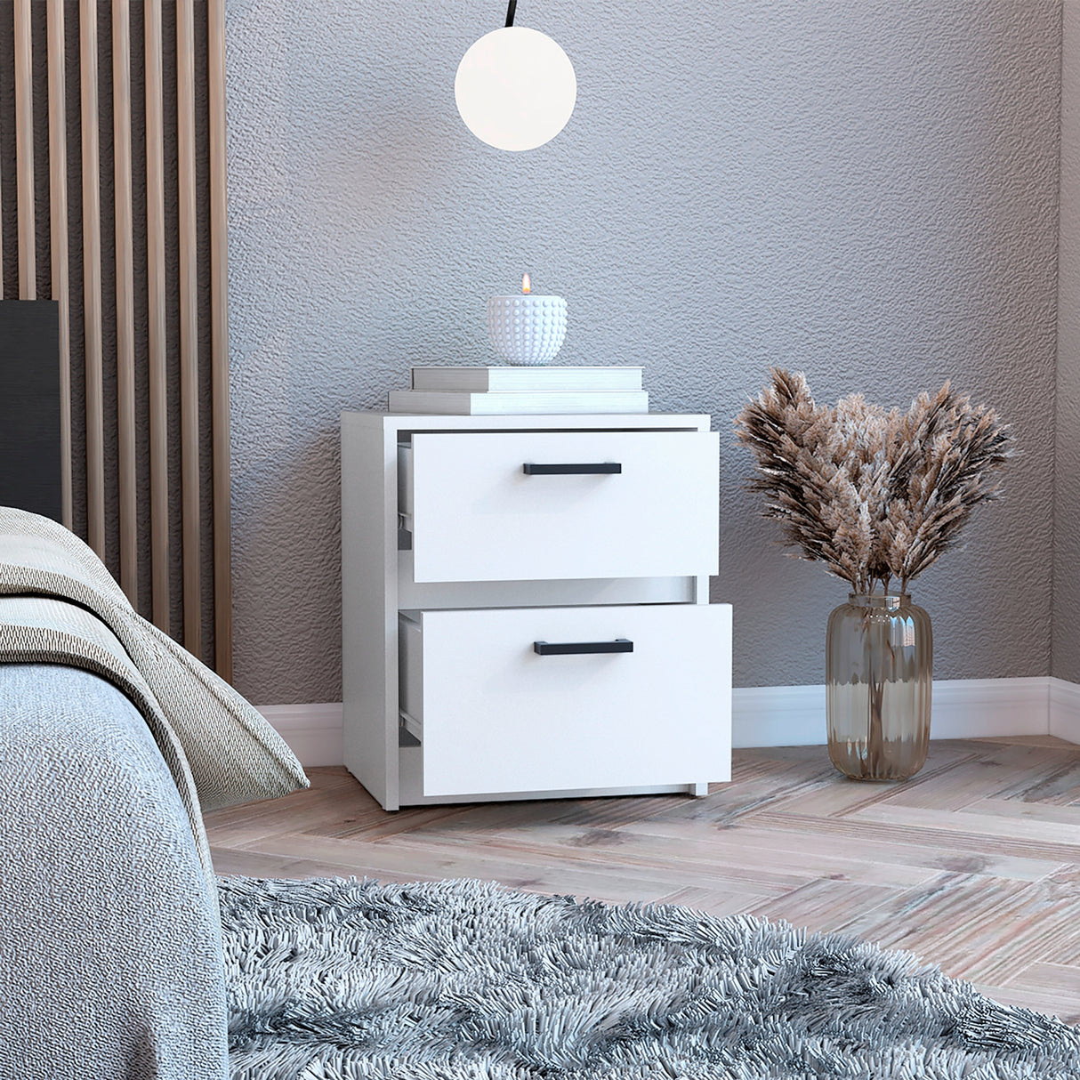 Mesa de Noche Blanco 40x46.5cm con Dos Cajones - MESAS DE NOCHE | Bylmo