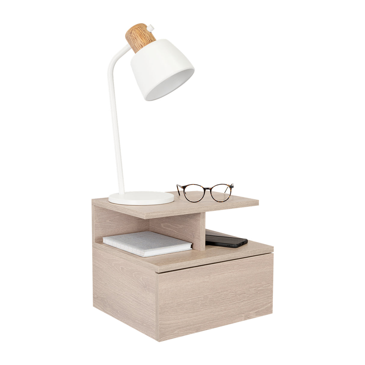 Mesa de Noche Flotante Ceniza 36x30cm con Un Cajón y con Dos Compartimientos - Mesas de Noche | Bylmo