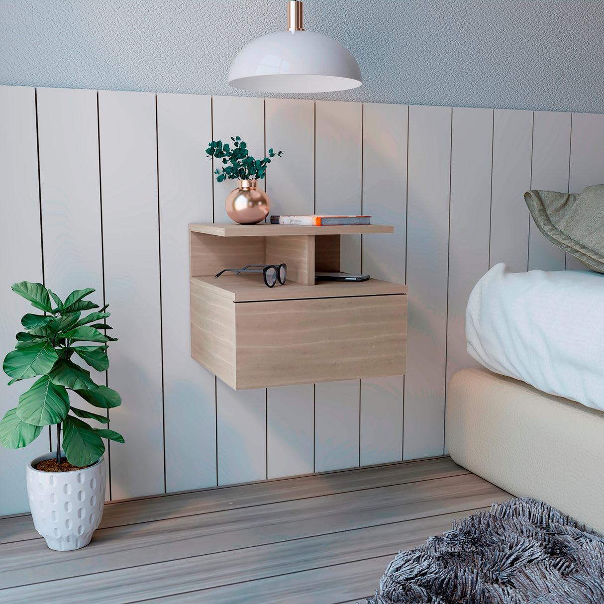 Mesa de Noche Flotante Ceniza 36x30cm con Un Cajón y con Dos Compartimientos - Mesas de Noche | Bylmo