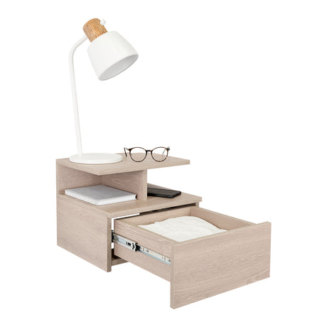 Mesa de Noche Flotante Ceniza 36x30cm con Un Cajón y con Dos Compartimientos - Mesas de Noche | Bylmo