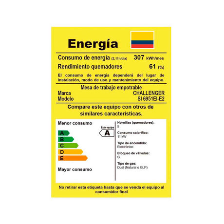 Estufa de Empotrar Challenger Plateado 76x0.1cm Para Gas Natural con Cinco Quemadores - ESTUFAS DE EMPORTRAR Y CUBIERTAS | Bylmo