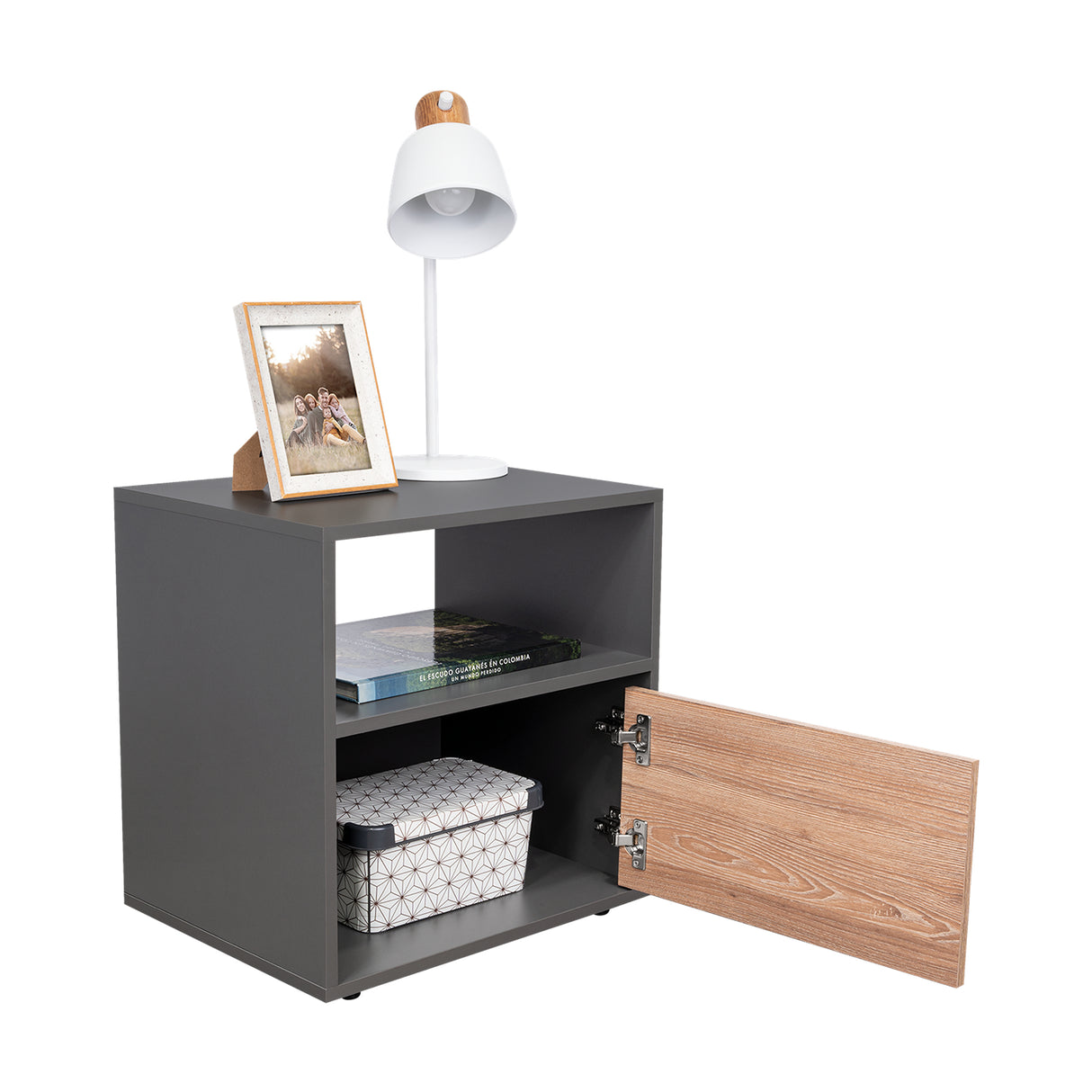 Mesa de Noche Galanto Plomo 50 cm con Una Puerta Abatible y Entrepaño - Mesas de Noche | Bylmo