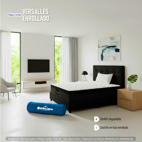 Combo Colchón Enrollado y Base Cama Versalles Negro Sencillo 100 X 190 Cm Medio Firme Ortopedico e Hipoalergénico - Combos Habitacion | Bylmo