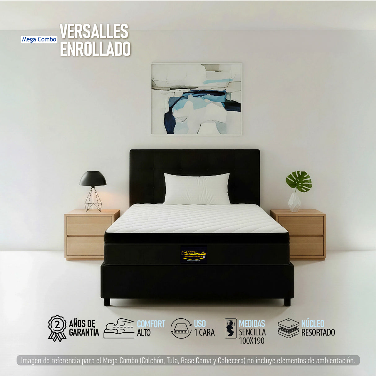 Combo Colchón Enrollado y Base Cama Versalles Negro Sencillo 100 X 190 Cm Medio Firme Ortopedico e Hipoalergénico - Combos Habitacion | Bylmo