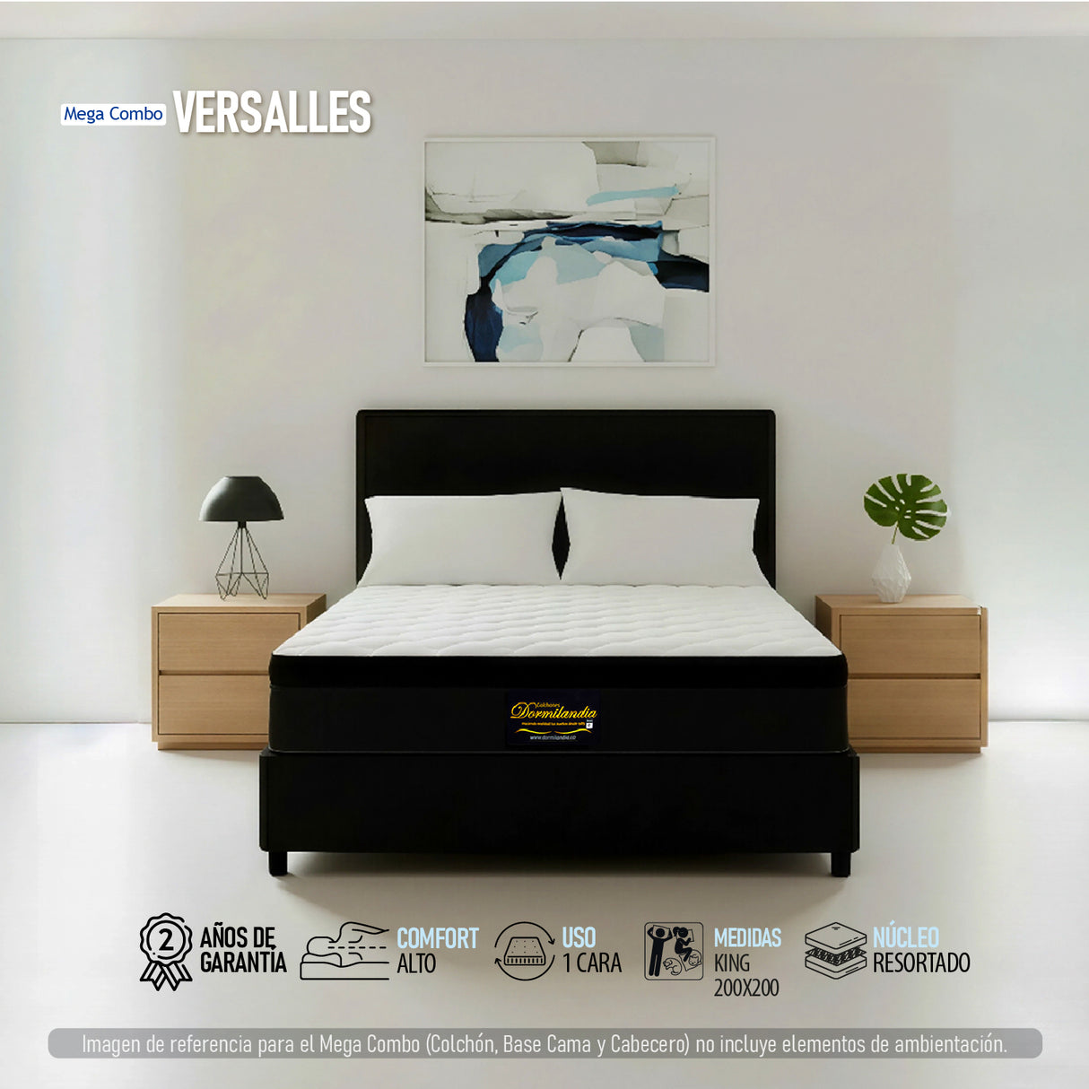 Combo Colchón y Base Cama Versalles Negro King 200 X 200 Cm Medio Firme Ortopedico e Hipoalergénico - Combos Habitacion | Bylmo