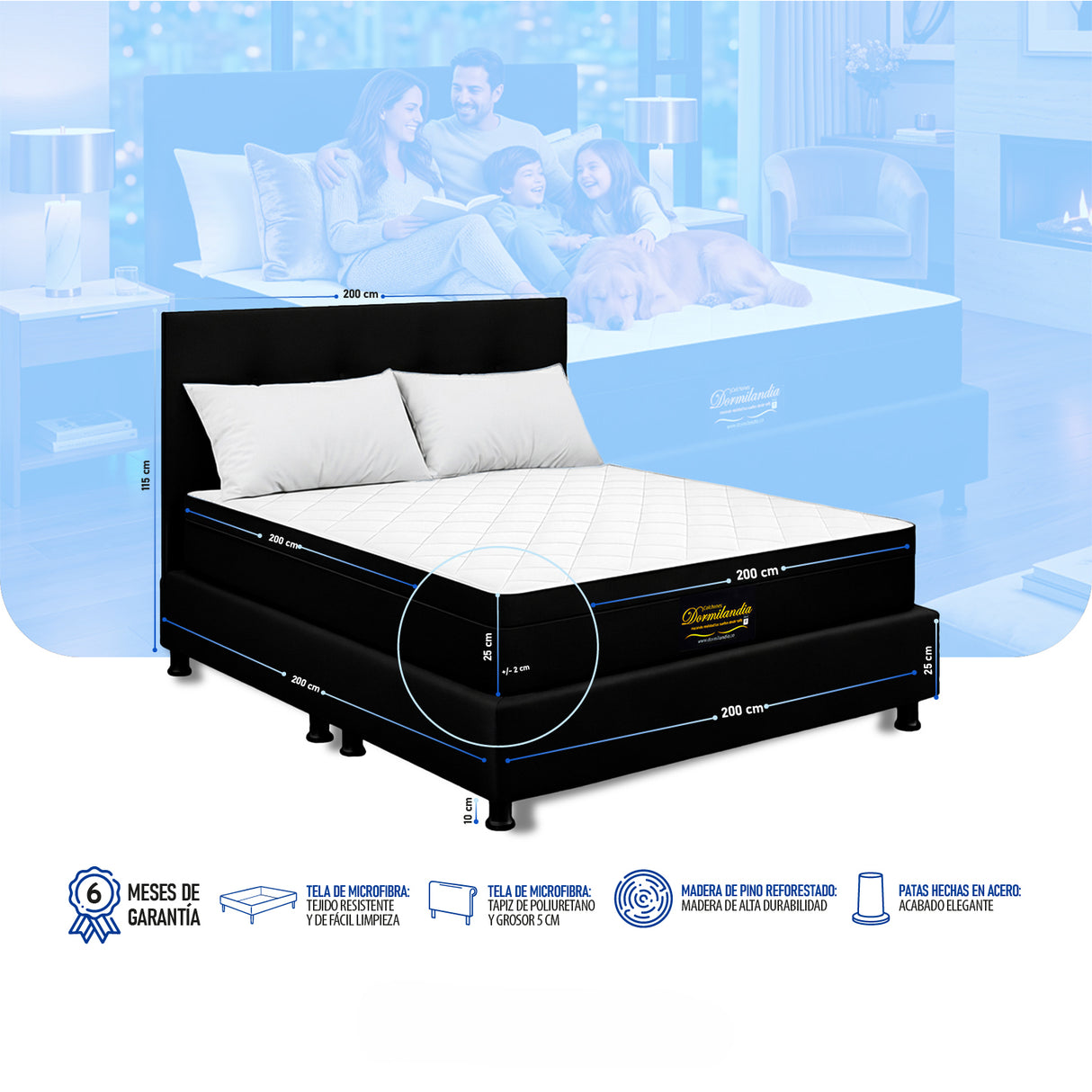 Combo Colchón y Base Cama Versalles Negro King 200 X 200 Cm Medio Firme Ortopedico e Hipoalergénico - Combos Habitacion | Bylmo
