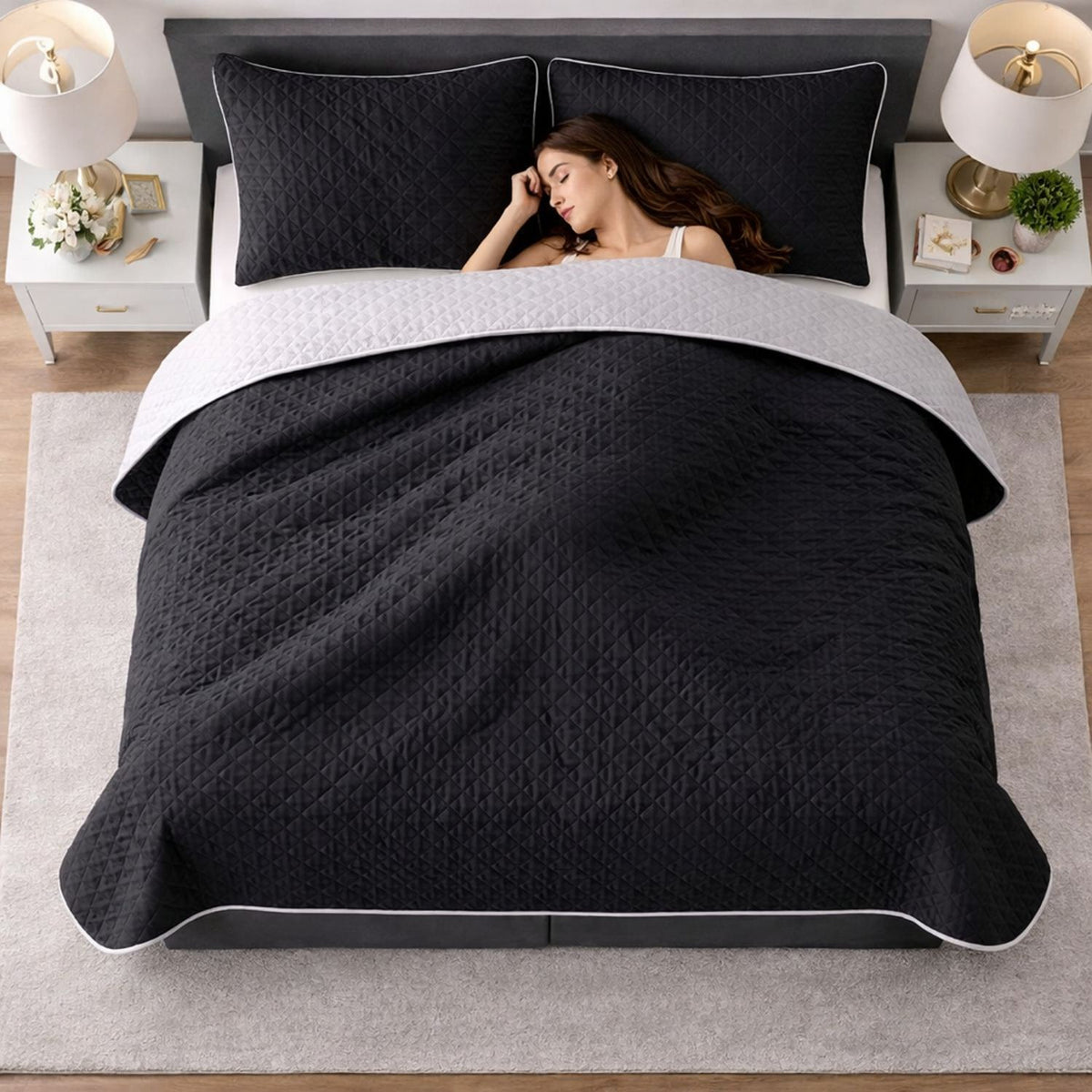 Colcha Doble Faz Negro y Gris 180x220cm para Colchón Semidoble 120 X 190 Cm Sin Acolchado Sin Relleno Fondo Entero