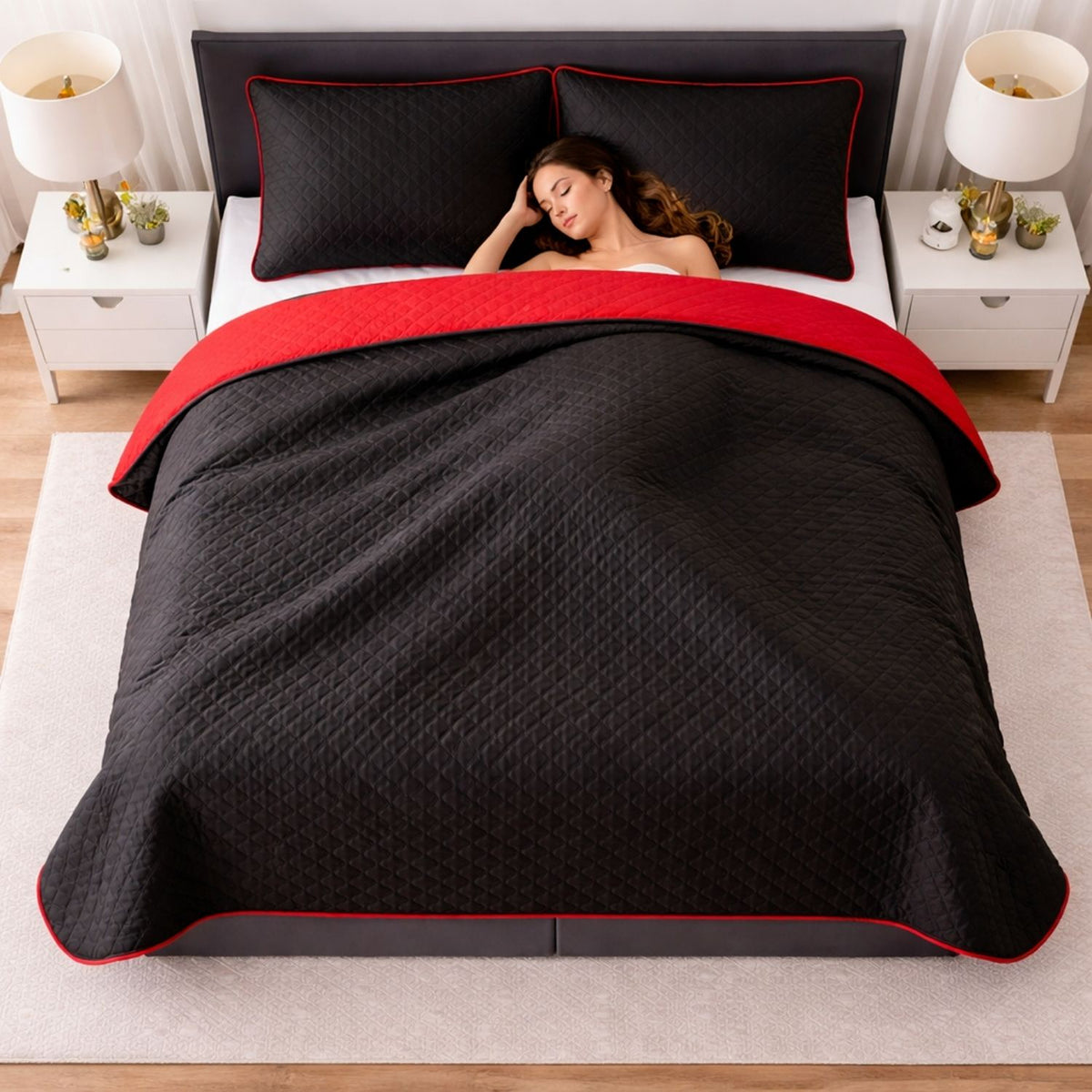 Colcha Doble Faz Rojo y Negra 160x220cm para Colchón Sencillo 100 X 190 Cm Sin Acolchado Sin Relleno Fondo Entero