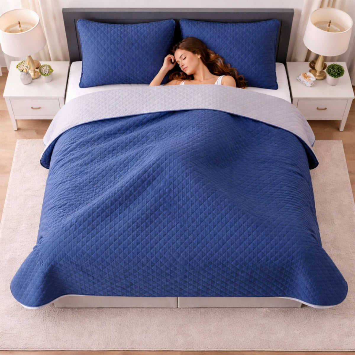 Colcha Doble Faz Gris y Azul 180x220cm para Colchón Semidoble 120 X 190 Cm Sin Acolchado Sin Relleno Fondo Entero