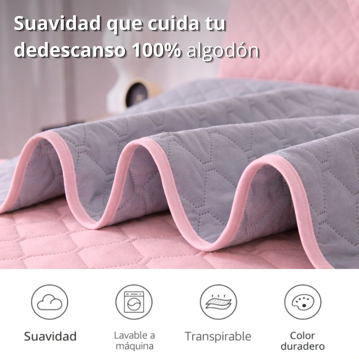 Colcha Doble Faz Gris y Rosada 200x220cm para Colchón Doble 140 X 190 Cm Sin Acolchado Sin Relleno Fondo Entero