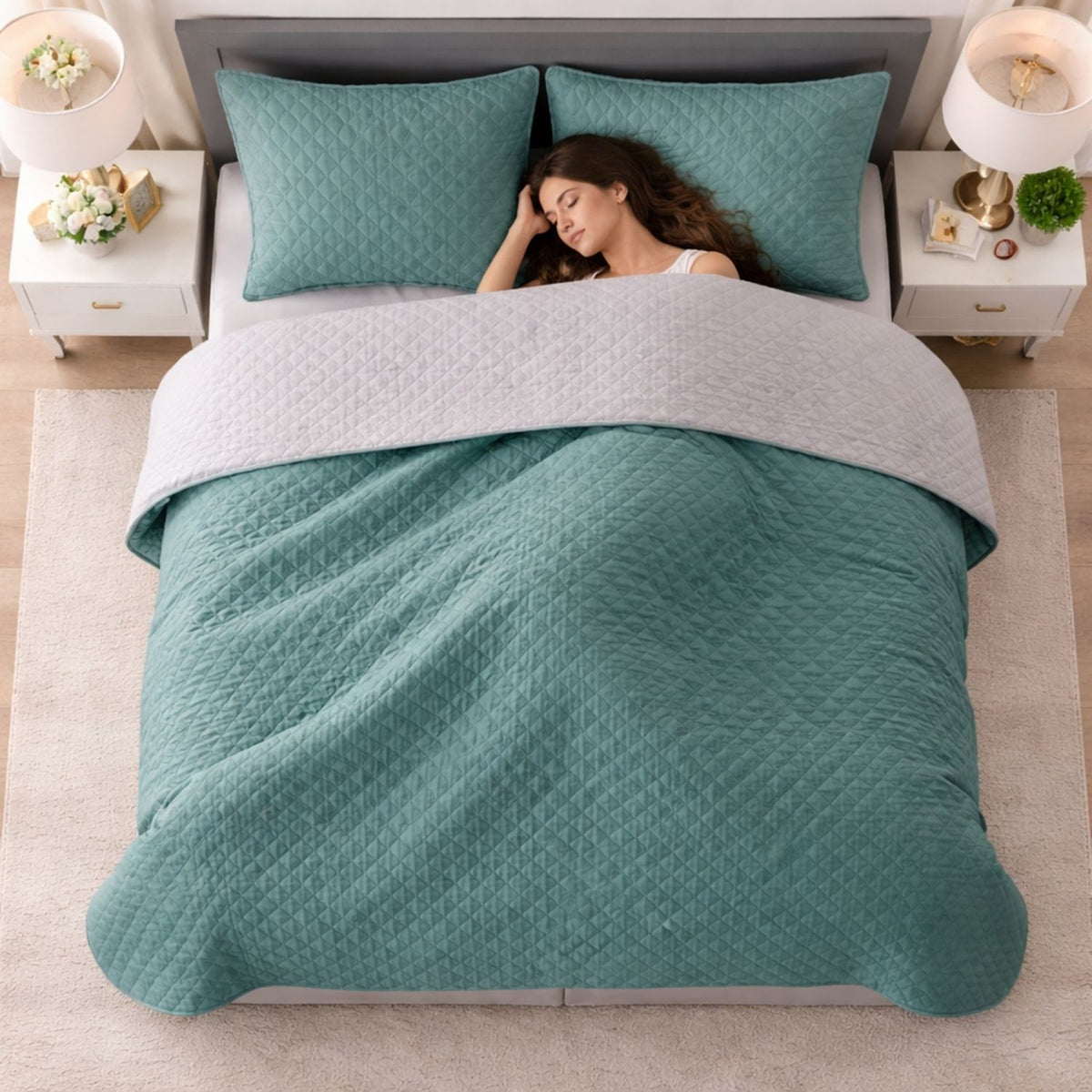 Colcha Doble Faz Gris y Verde 220x220cm para Colchón Queen 160 X 190 Cm Sin Acolchado Sin Relleno Fondo Entero