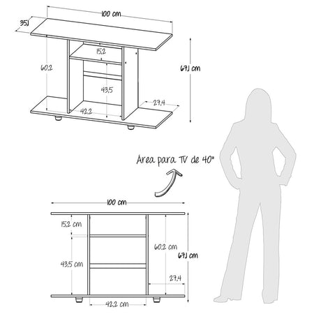 Mesa para TV Prato Moderna Ceniza 100x67.1 cm con 3 Entrepaños - Muebles de TV | Bylmo