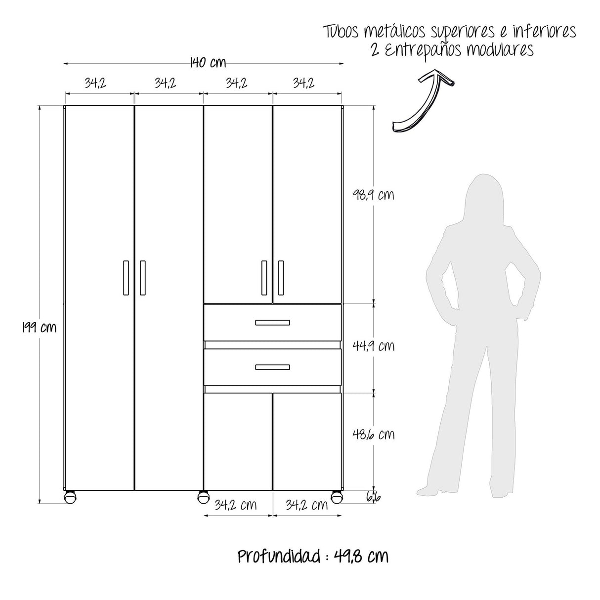 Closet Nova Compacto 140cm Ceniza 2 Cajones 6 Puertas - Closets | Bylmo