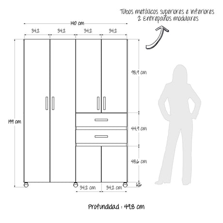 Closet Nova Compacto 140cm Ceniza 2 Cajones 6 Puertas - Closets | Bylmo
