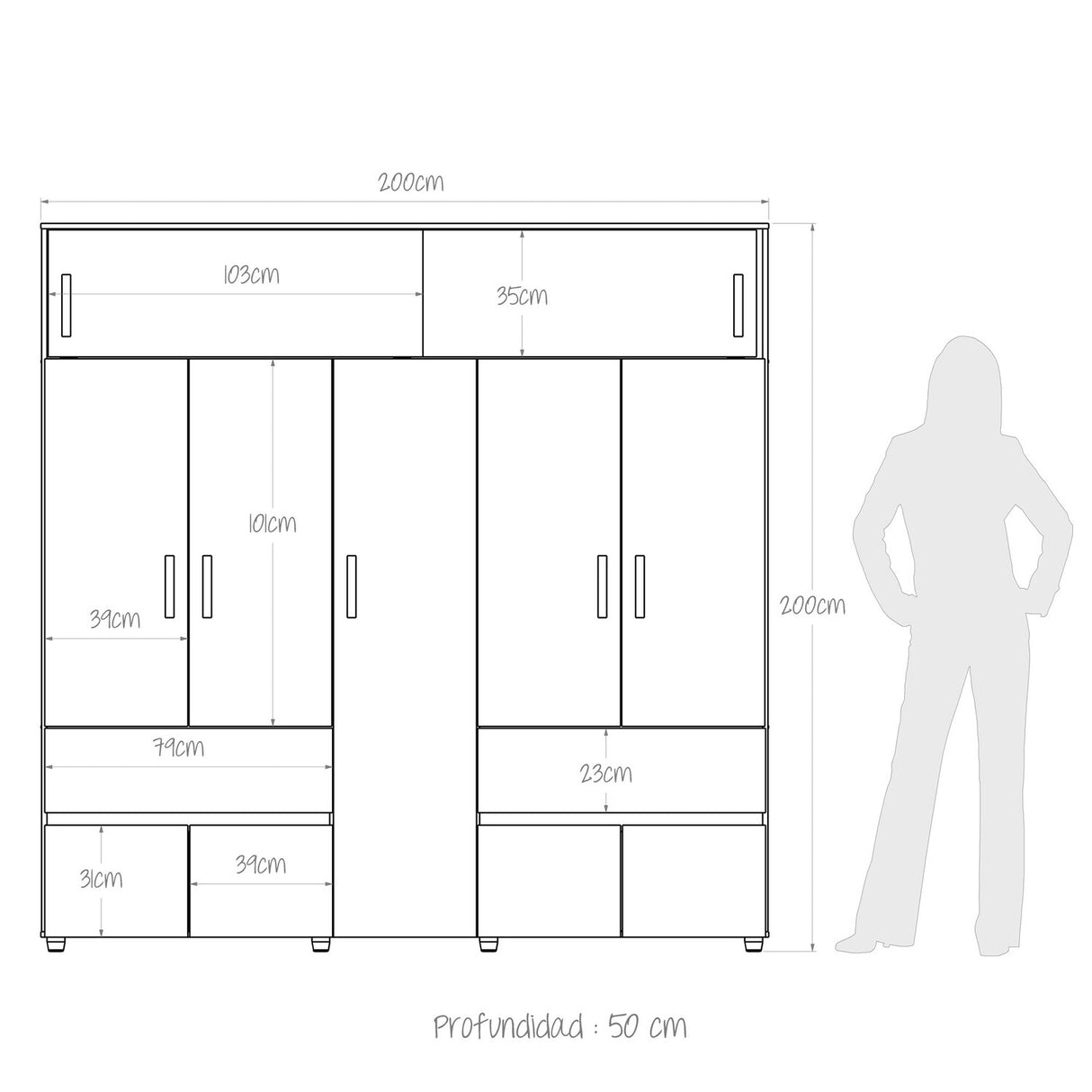 Closet Bari 200 Cm Niebla 2 Cajones 6 Entrepaños Moderno - Closets | Bylmo