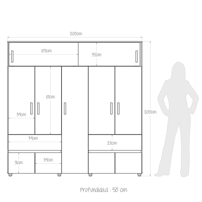 Closet Bari 200 Cm Niebla 2 Cajones 6 Entrepaños Moderno.