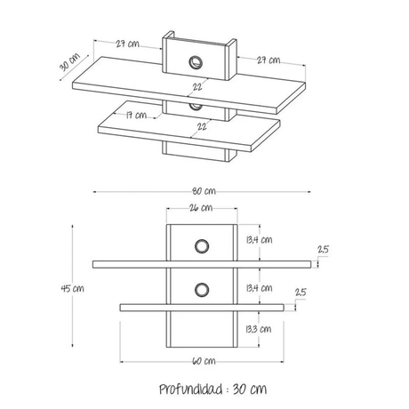 Repisa Indi Flotante 80x30 Rovere 2 Estantes - Repisas y Percheros | Bylmo