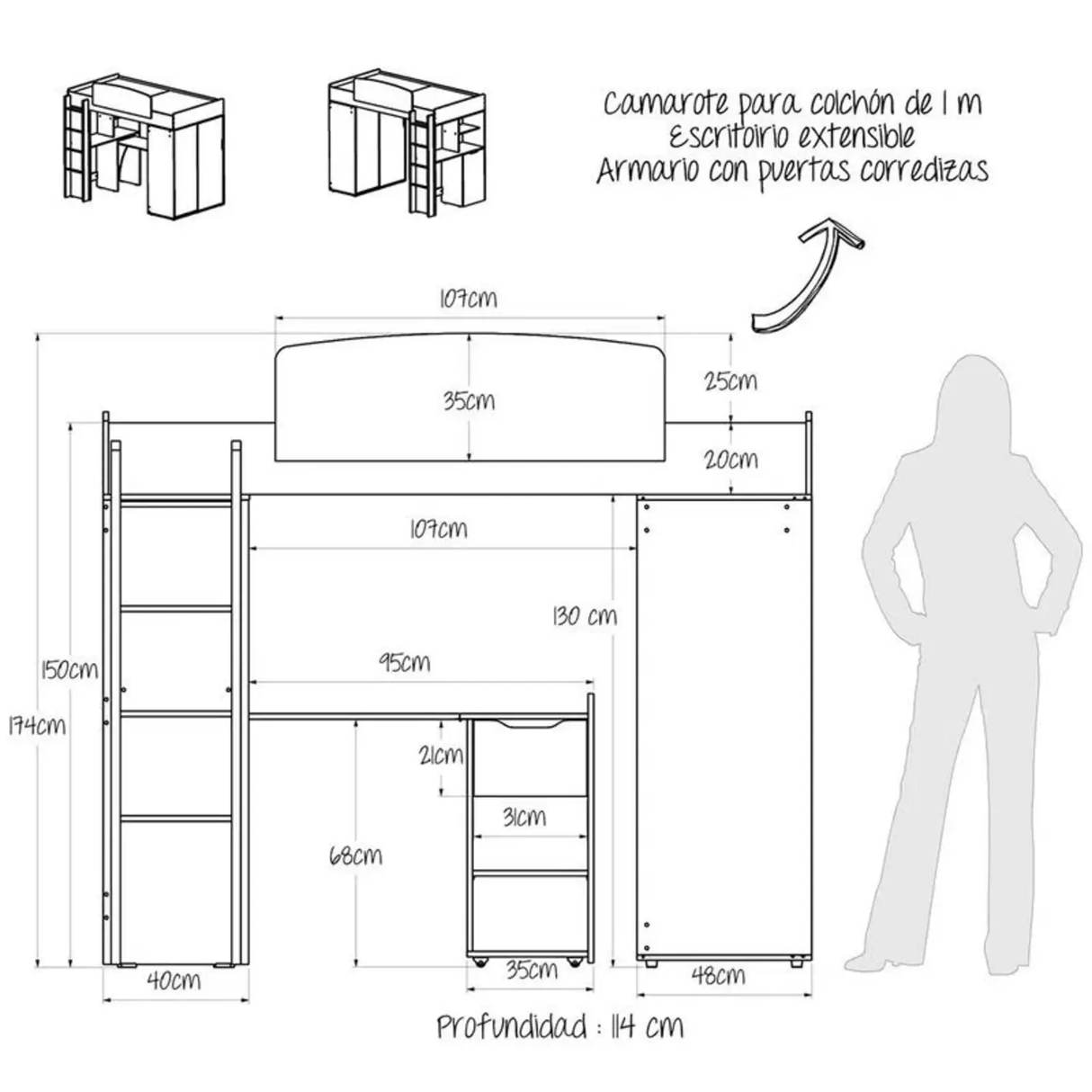 Camarote Leka 194.6x114x174.1 Duna con Escritorio y Closet - Camas y Cabeceros | Bylmo