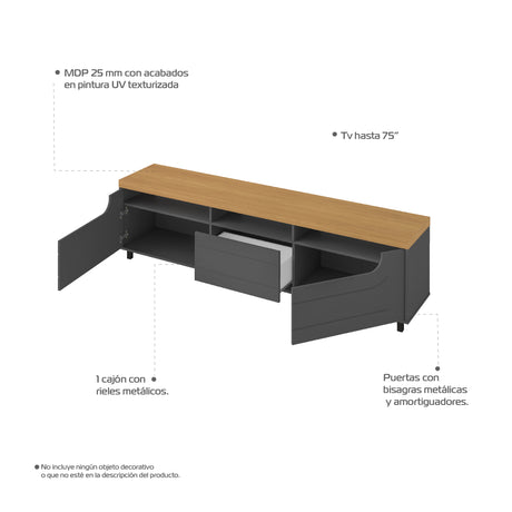 Mesa para TV Bewood 200x40x53 Roble Grafito TV hasta 75 Pulgadas - Muebles de TV | Bylmo