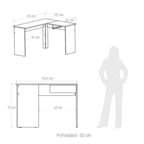 Escritorio en L MDL 102.4X73cm Wengue con Un Cajón - Escritorios | Bylmo