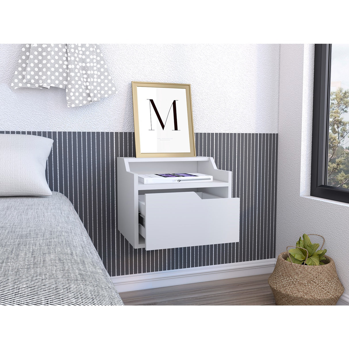 Mesa de Noche Busan 40x33cm Blanco Flotante con Un Cajón - Mesas de Noche | Bylmo